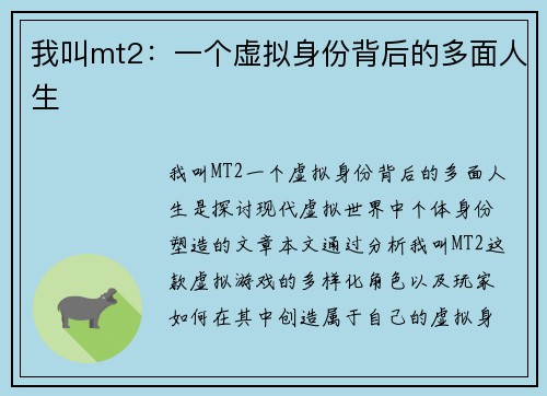 我叫mt2：一个虚拟身份背后的多面人生