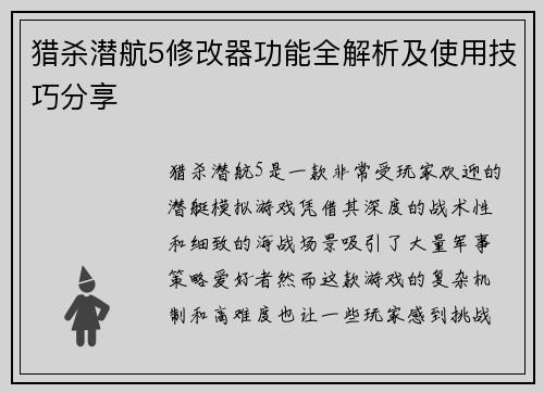 猎杀潜航5修改器功能全解析及使用技巧分享